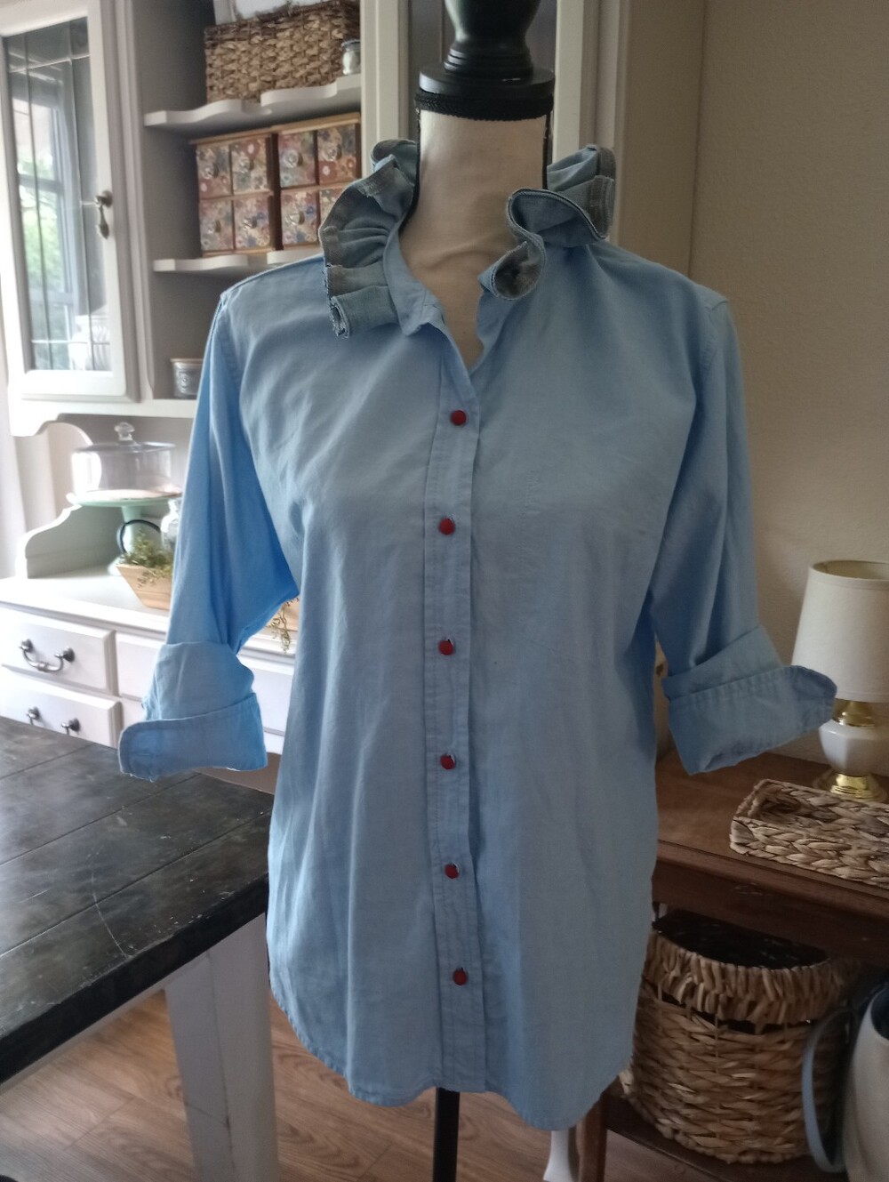 Light Blue Ruffle Collar Button-Up Shirt - Picture 9 of 10